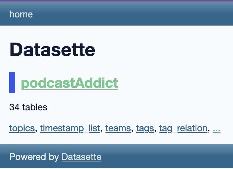 A screenshot of the Datasette web app's index page, showing the Podcast Addict databse has been loaded with 34 tables. A sampling of tables are linked below it, including topics, timestamp list, teams, tags, and tag relation. An ellipsis links to a complete list of the tables.