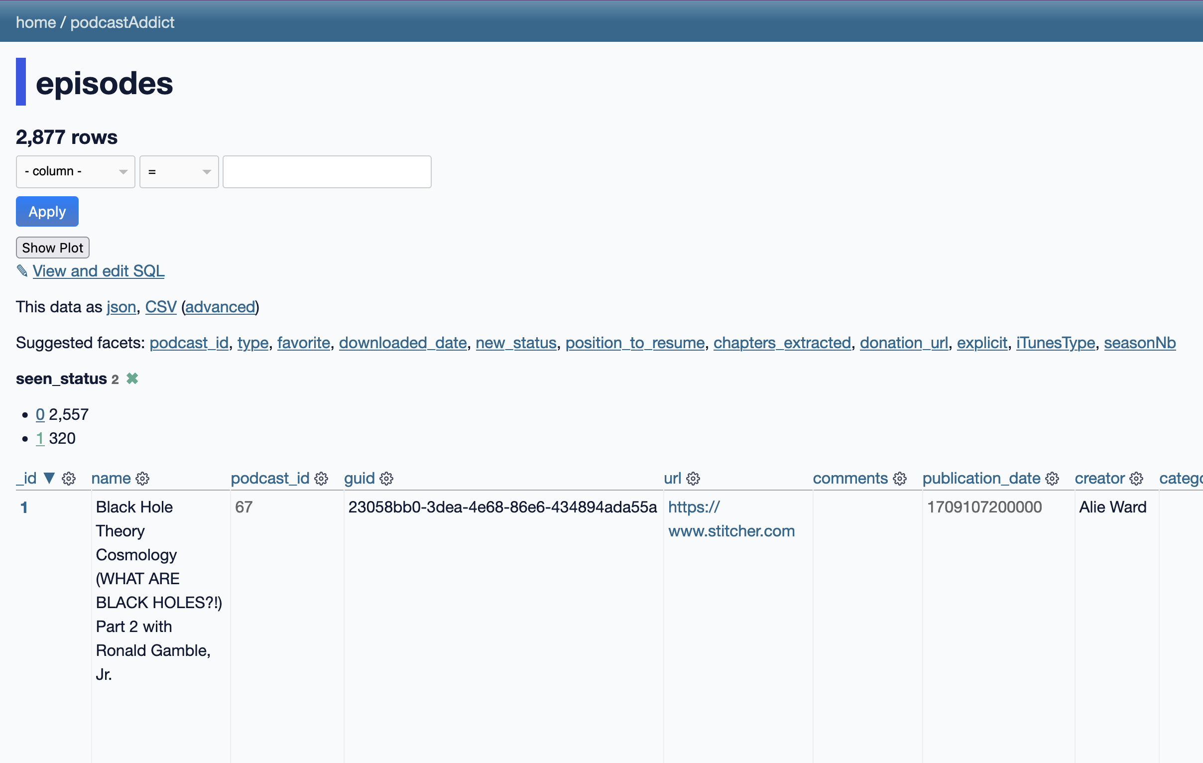 A screenshot of the Datasette web app showing the page for the episodes table. The number of rows is listed at the top of the page as 2,877. There are many columns suggested as facets, including podcast id, type, favorite, download id, and new status. The seen status column has been selected as a facet and there are two values, 0 (which has ~2500 rows), and 1 (which has 320 rows). A single partial row of data is visible for an episode of Ologies by Alie Ward.