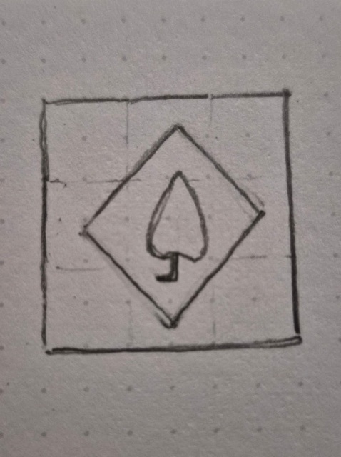 A rough sketch on dotted graph paper of a square with a diamond in the center. A much simplified version of the real leaf is sketched into the center of the diamond.